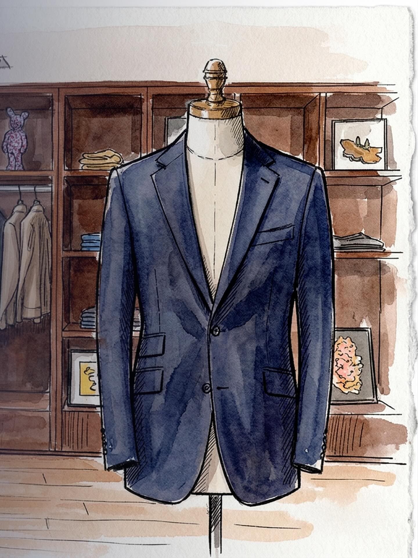 Prancha em aquarela de um costume azul sob medida da Dandy